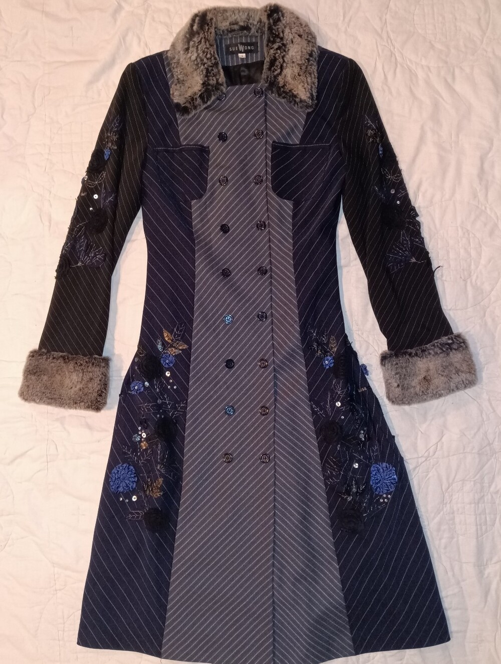 Price Firm Vintage Sue Wong Matching Coat & Dress Set Sz6 Black Blue Grey Beaded - Picture 9 of 12